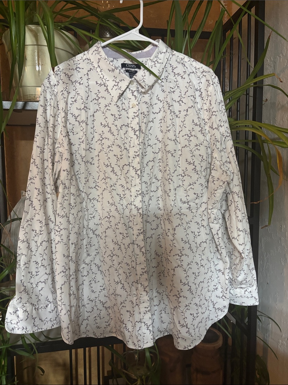 Chaps White Button-Down Shirt with Delicate Lavender Vine Print